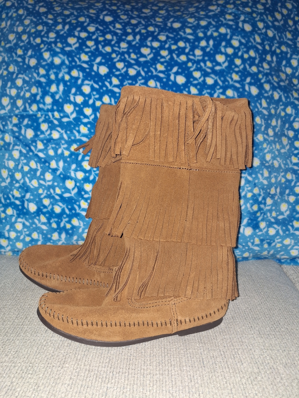 Minnetonka Triple Fringe Suede Moccasin Boots - Tan